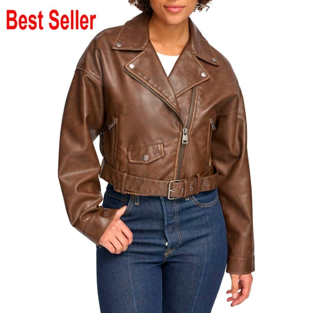 Cropped Faux Leather Moto Jacket with Removable Belt, Drop Shoulder Fit
